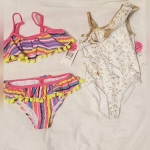 Girls' Colorful Stripe Bikini Set + White Gold Star One-Piece Swimsuit